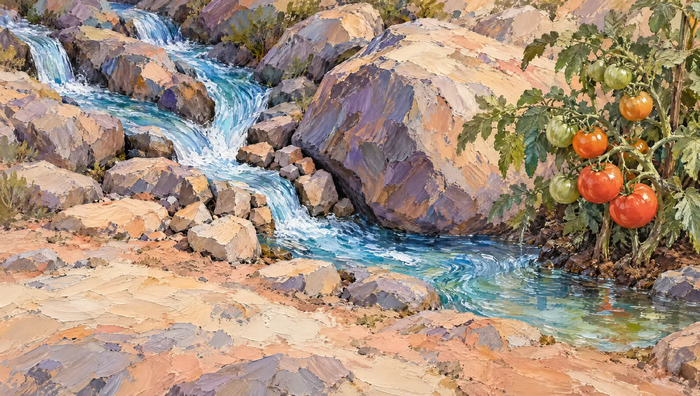 A painted stream running over rocks to a tomato plant in fruit