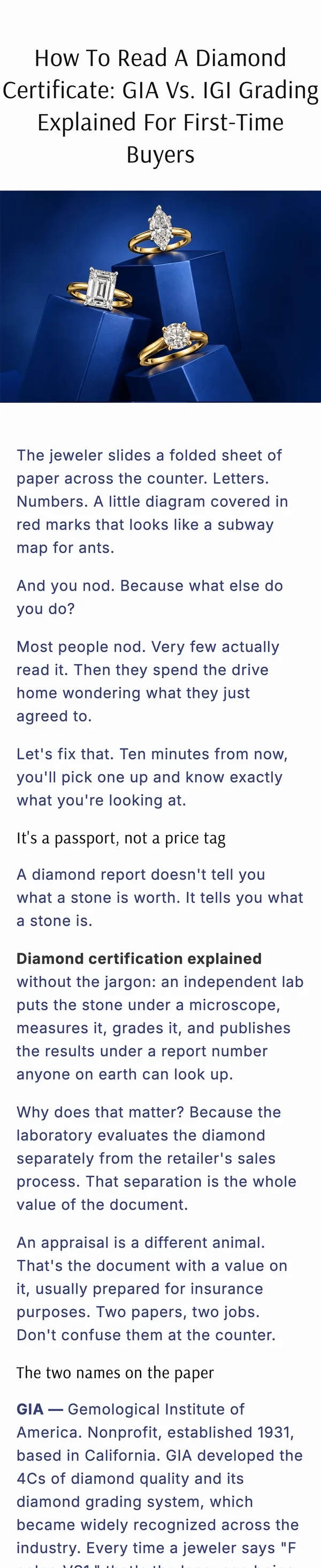 Jewelry Factory article we wrote: how to read a diamond certificate, GIA against IGI