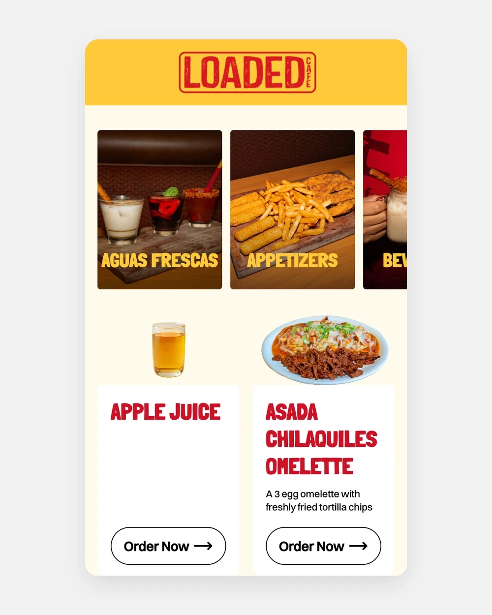 Loaded Cafe’s old ordering site on a phone, May 2025: big shop-style cards, two dishes per screen