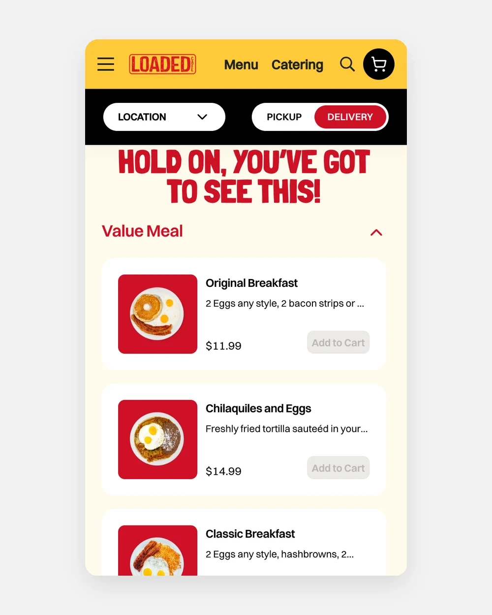 Loaded Cafe’s menu today on a phone: one menu with categories, prices and Add to Cart in the list