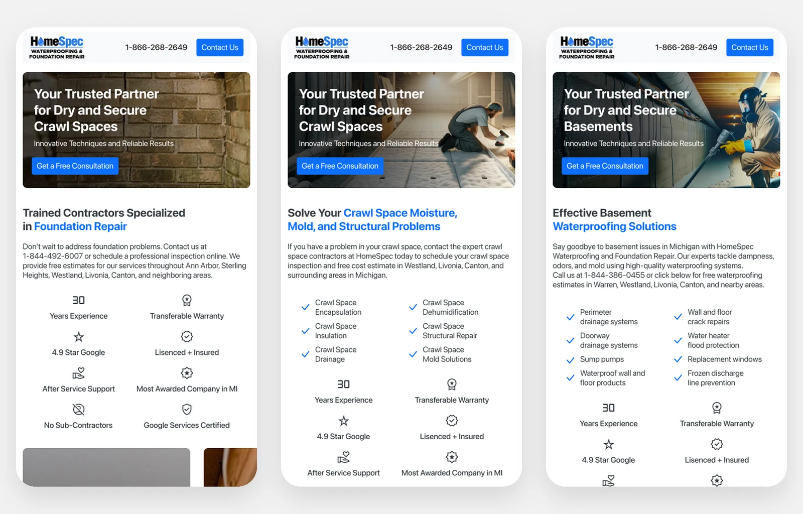 Homespec landing pages we built, on a phone: foundation repair, crawl space and waterproofing