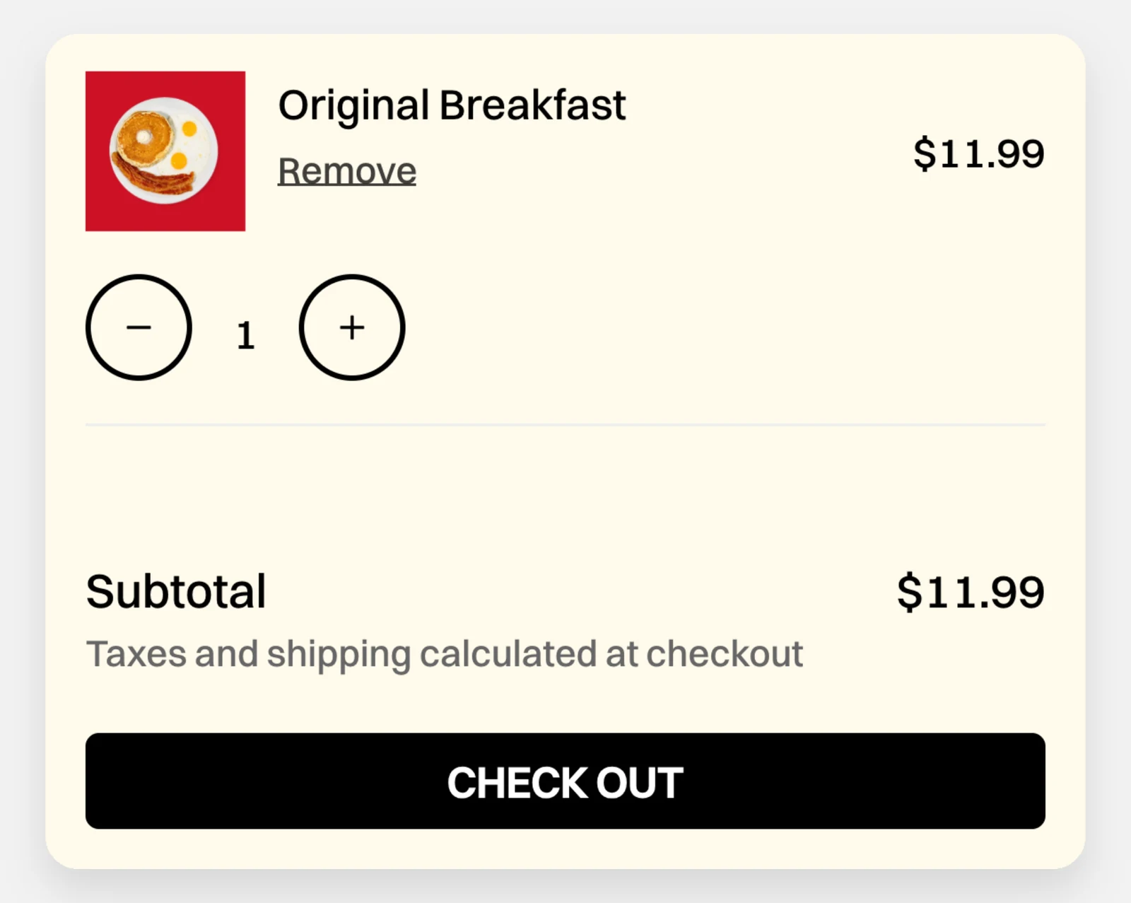 The new site’s cart: one Original Breakfast and the Check out button