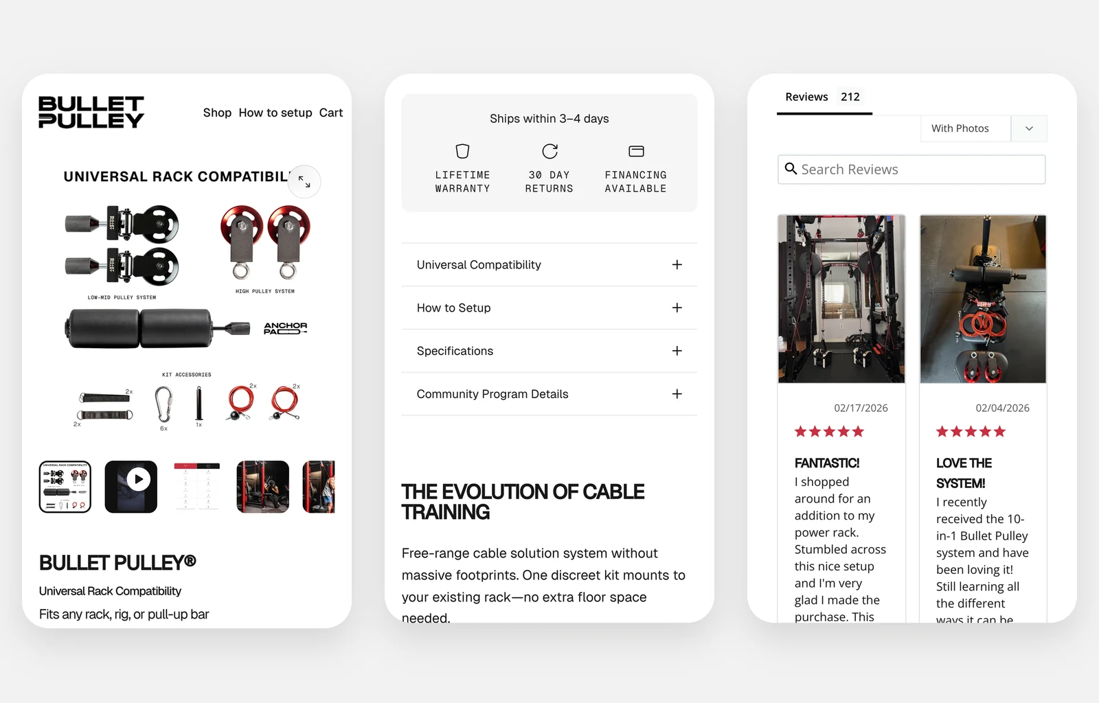 Bullet Pulley’s product page today on a phone: the whole kit and “Fits any rack, rig, or pull-up bar”, with warranty, returns, setup and specifications answered, and 212 reviews