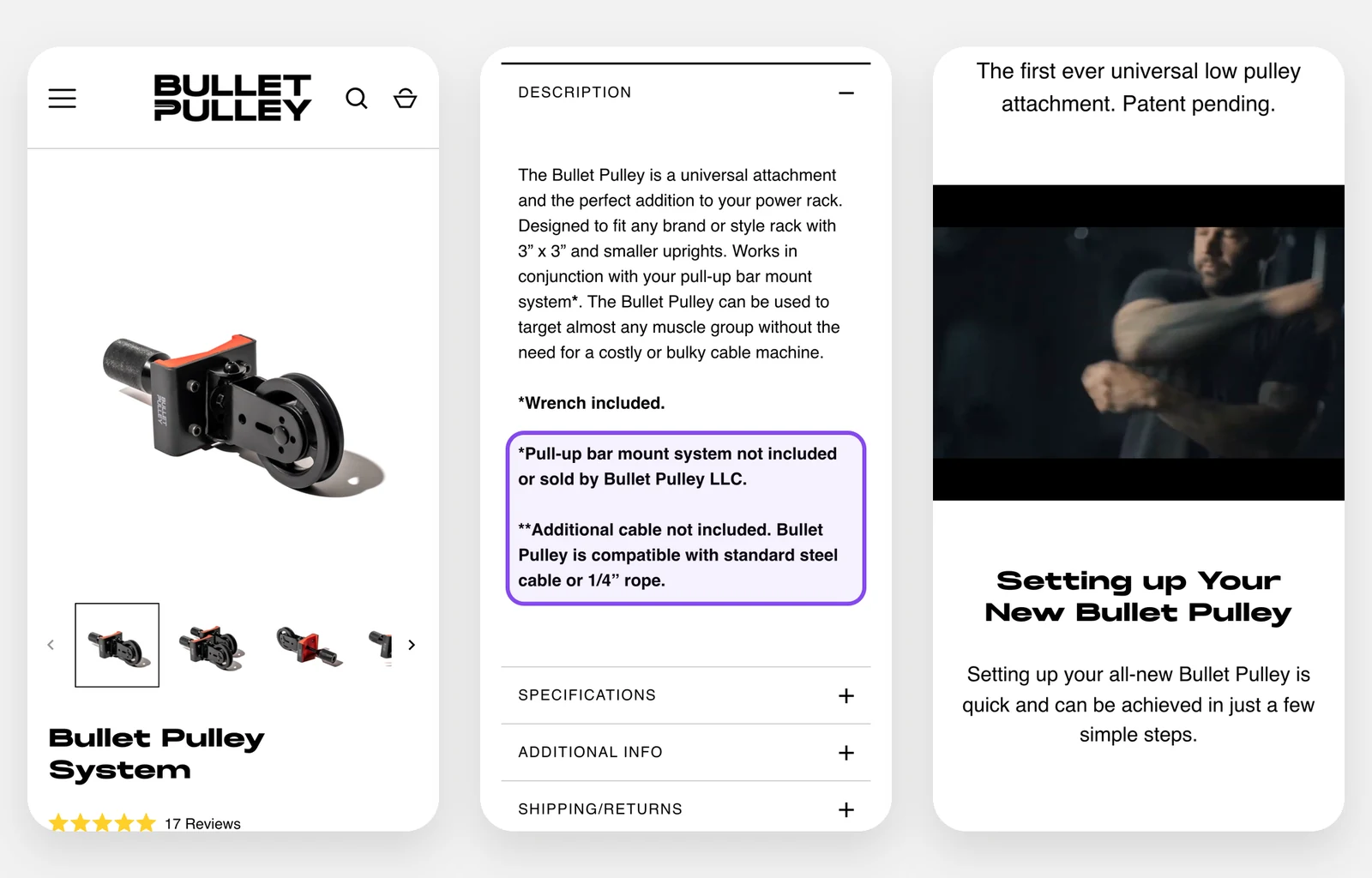 Bullet Pulley’s old product page on a phone, three screens down: one pulley on its own; the description, with small print saying the pull-up bar mount and the cable are not included; then videos on setting it up yourself