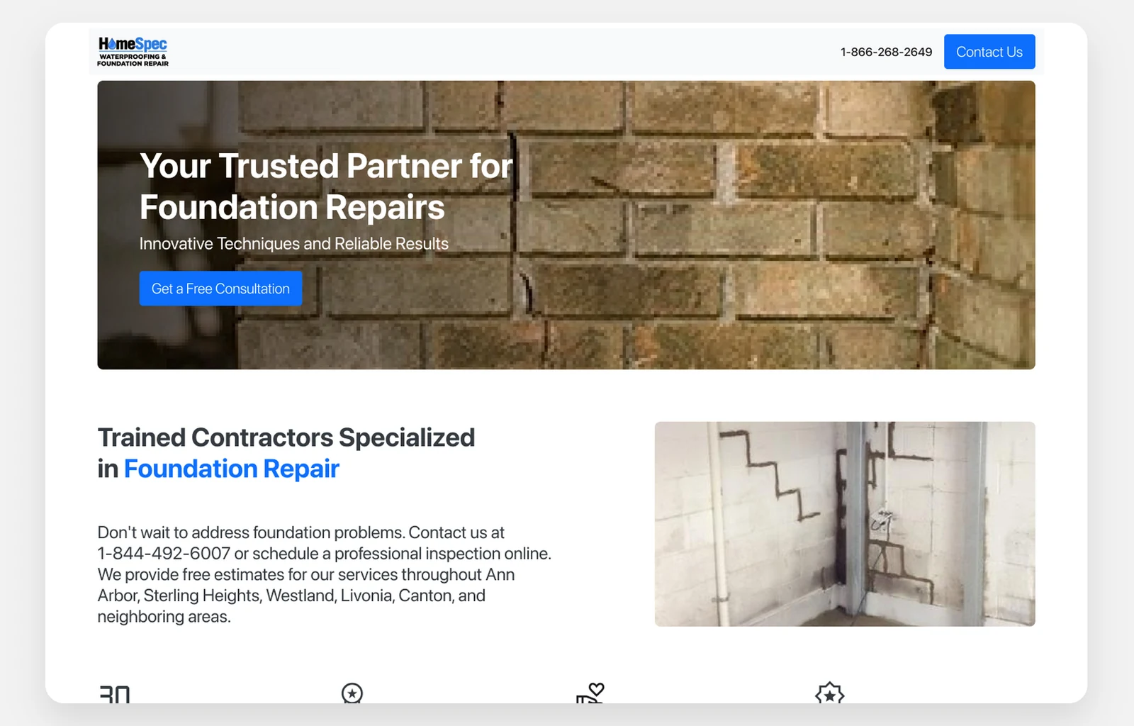 Homespec’s foundation repair landing page we built: Your trusted partner for foundation repairs