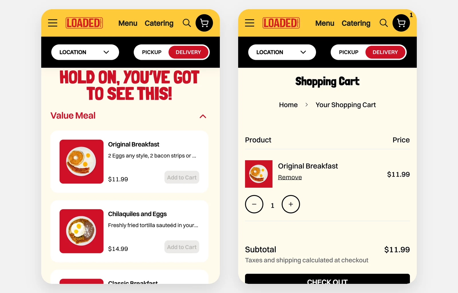 Loaded Cafe’s new site on a phone: the menu, and the cart