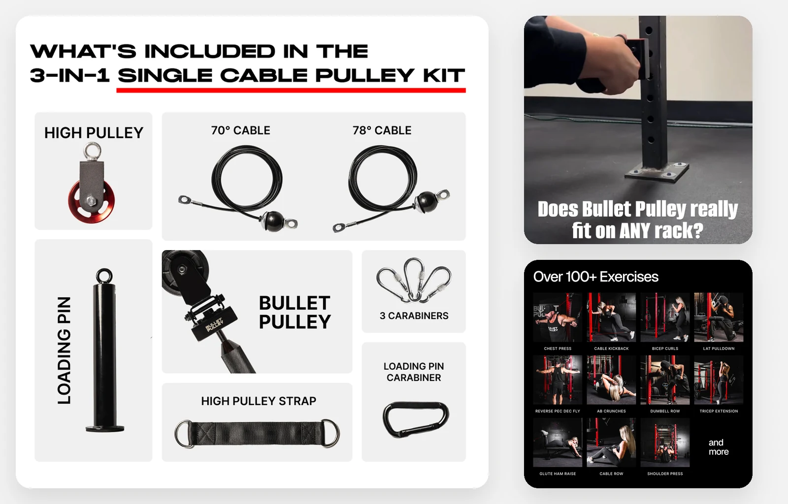 Bullet Pulley product images we made: everything in the kit, the fit on any rack, the exercises