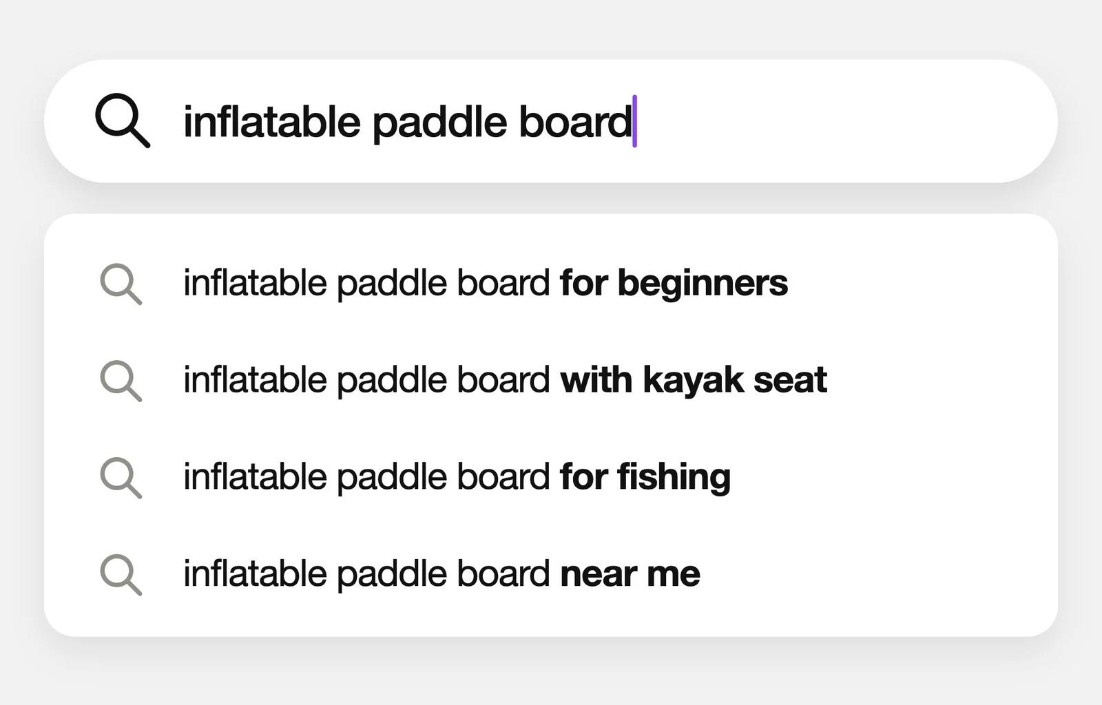 A search for inflatable paddle board, with its suggestions open