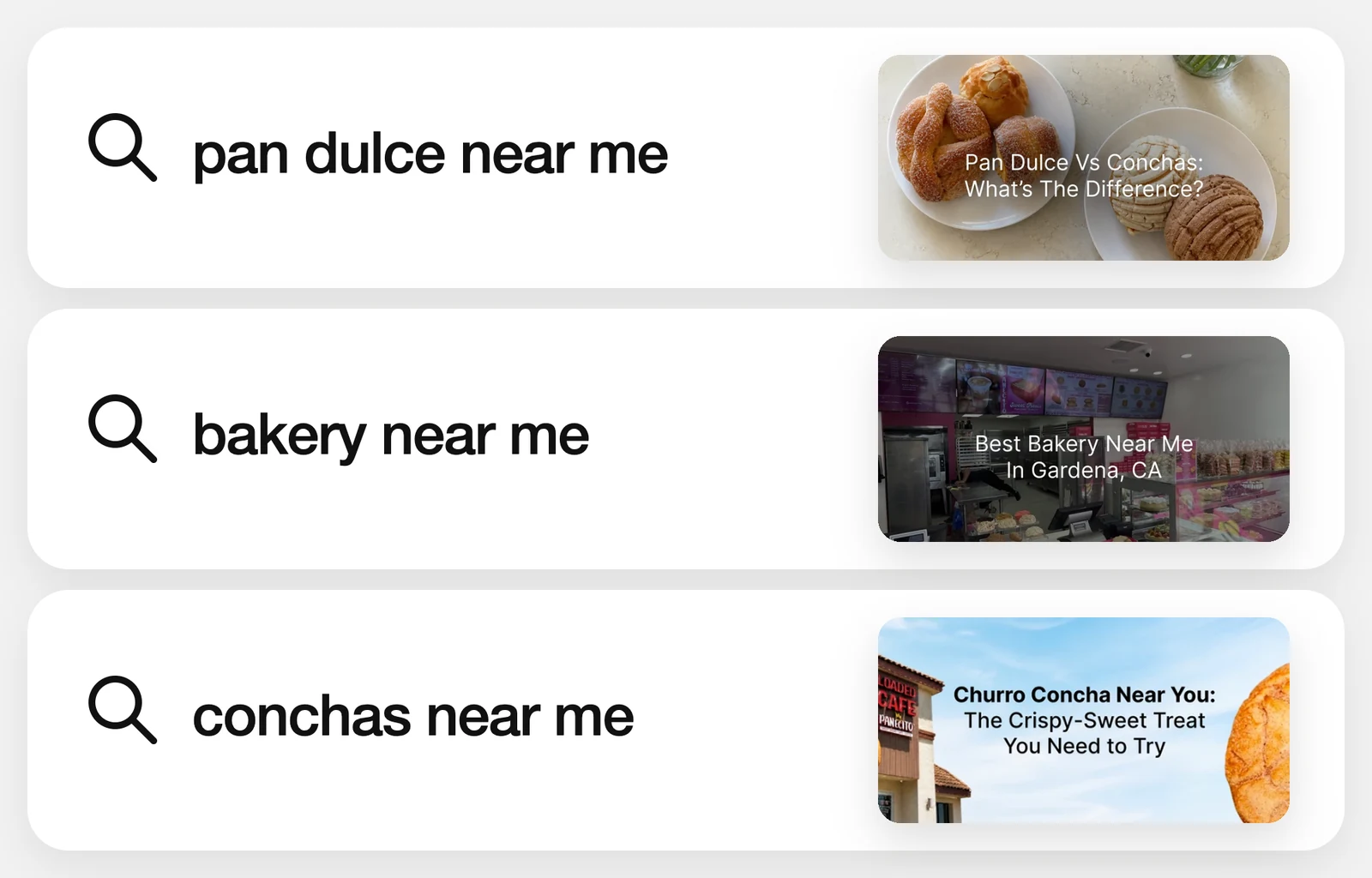 The same three searches, each now landing on the guide we wrote for it