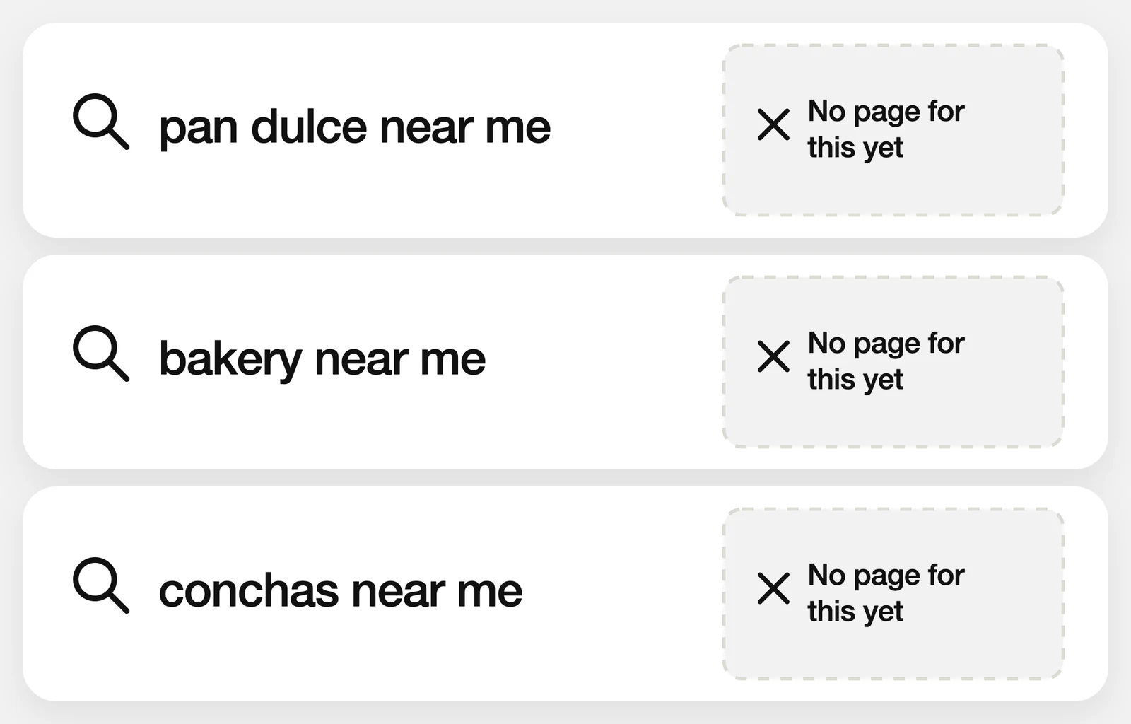 Three searches people make, pan dulce near me, bakery near me and conchas near me, each with an empty slot where a page of theirs should be