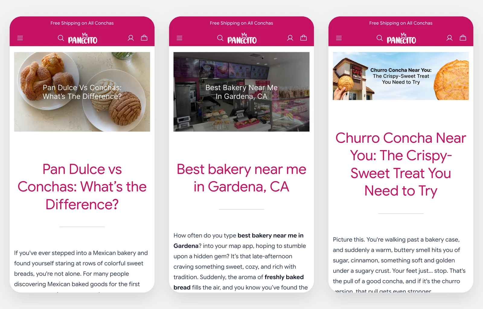 Three guides we wrote for My Panecito, on a phone: Pan dulce vs. conchas, best bakery near me in Gardena, and churro concha near you