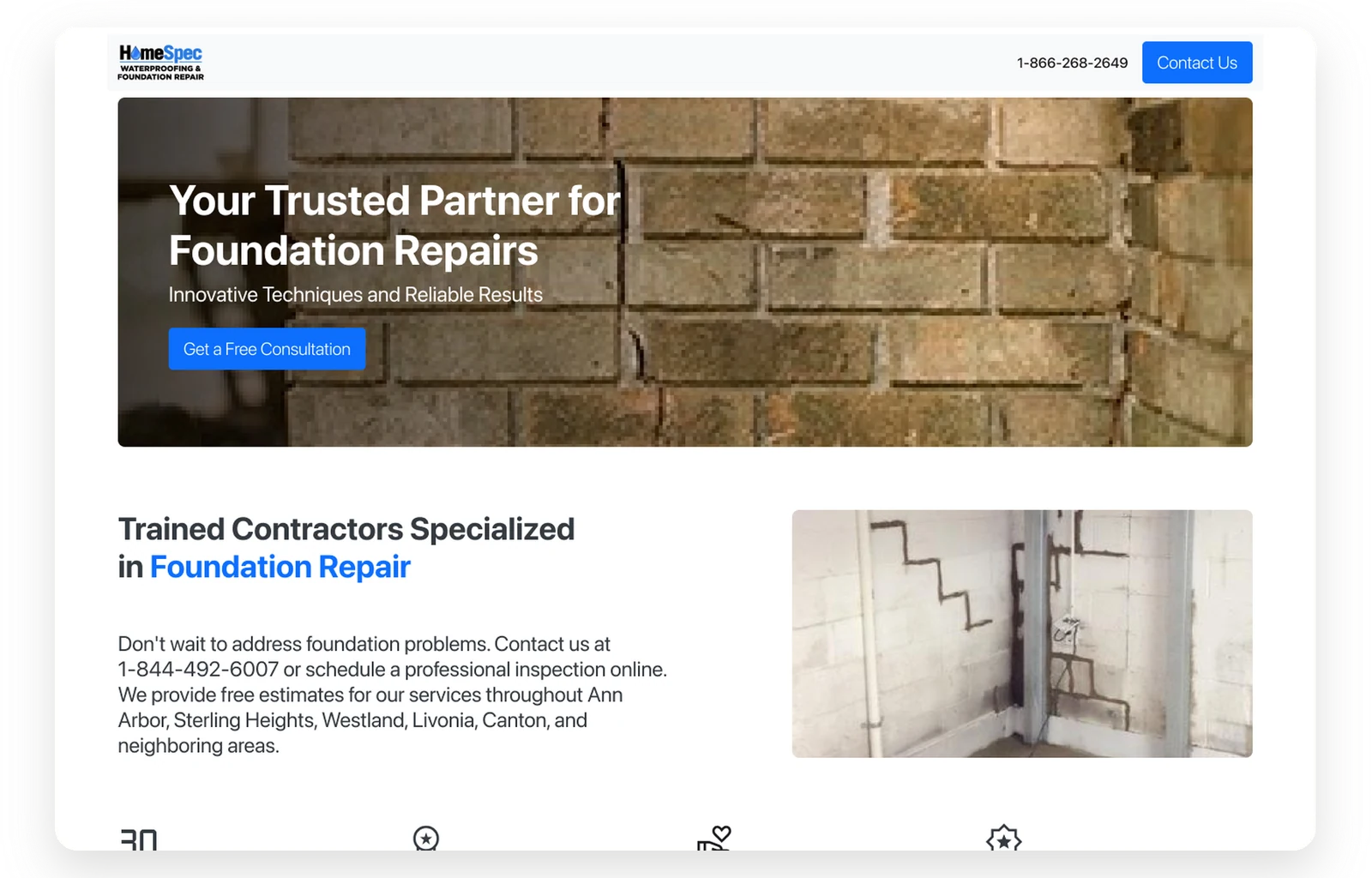 Homespec’s foundation repair landing page we built
