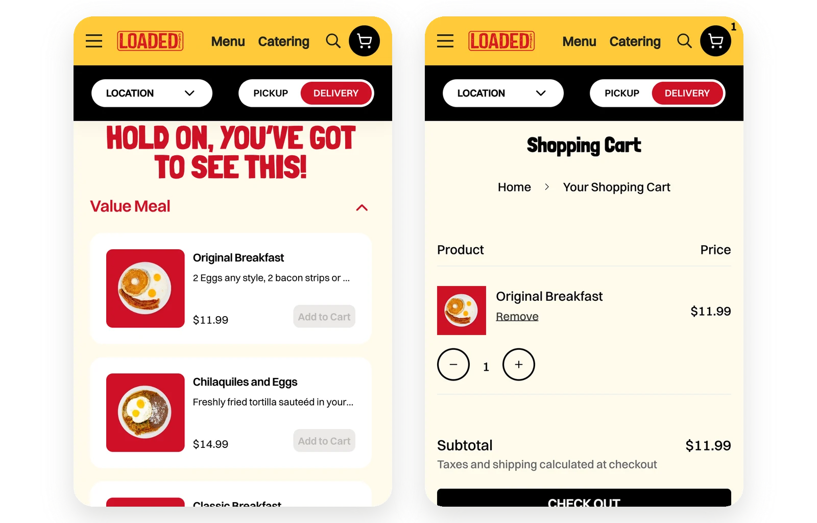 Loaded Cafe’s new site on a phone: the menu, and the cart