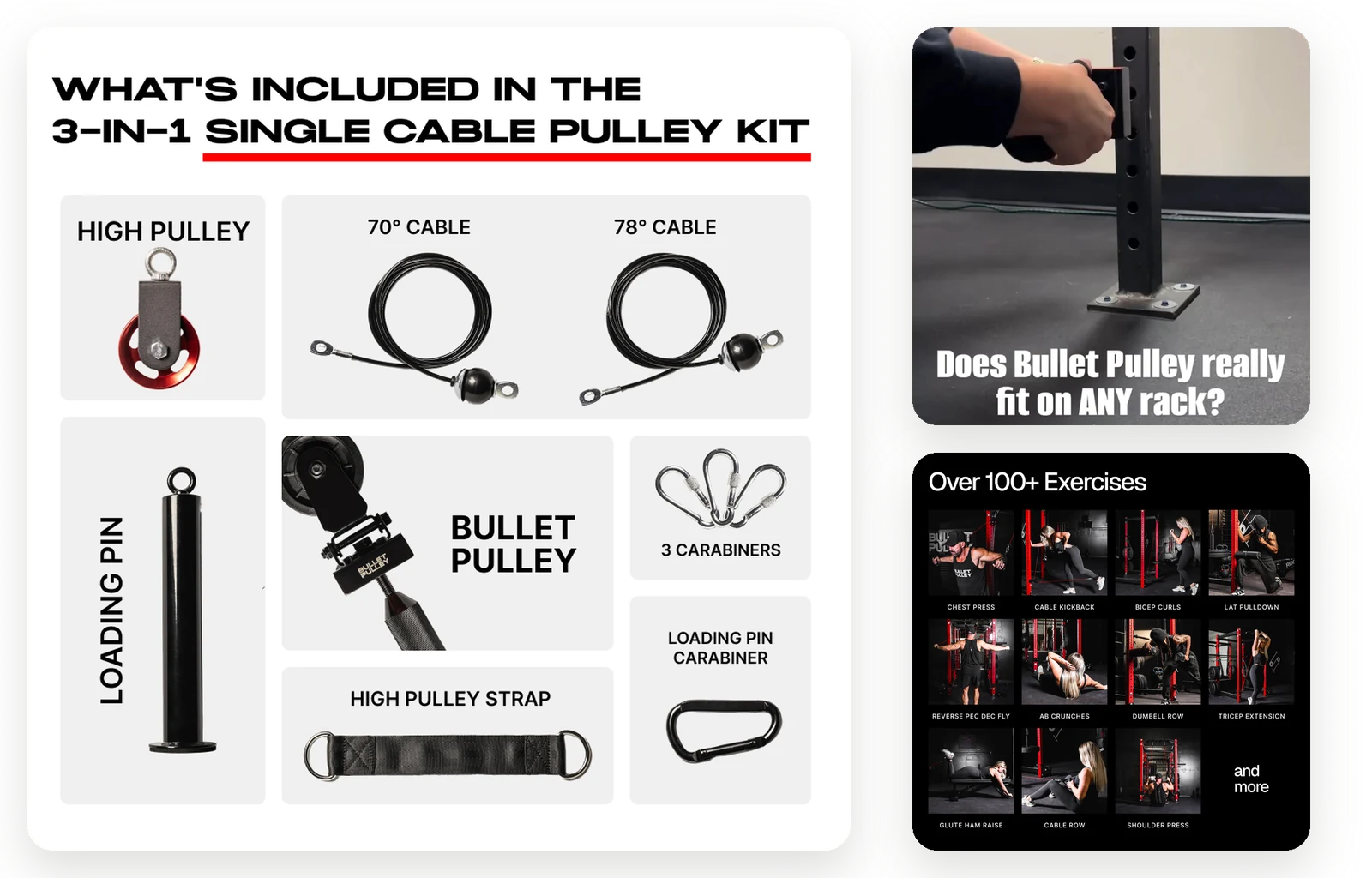 Bullet Pulley product images we made: everything in the kit, the fit on any rack, the exercises