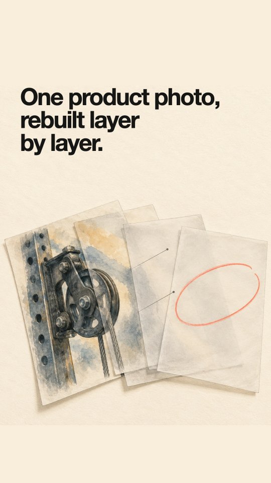 One product photo, rebuilt layer by layer. A painted rack pulley on layered sheets