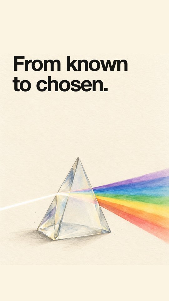 From known to chosen. A painted prism splitting light into a rainbow