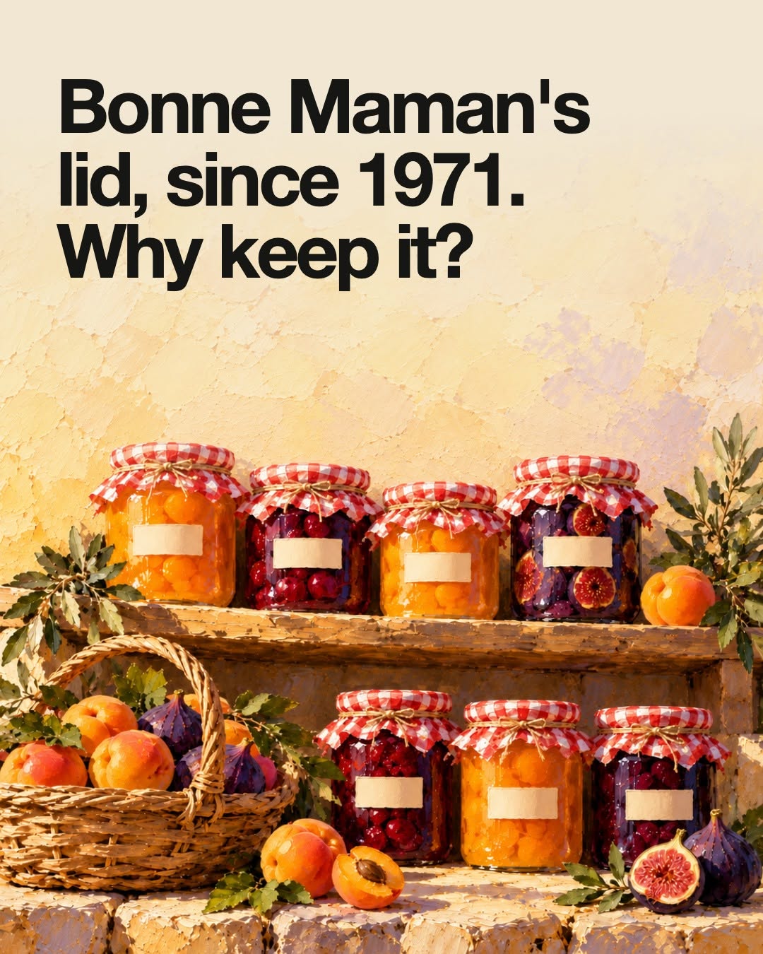 Bonne Maman’s lid, since 1971. Why keep it? Painted jam jars with gingham lids