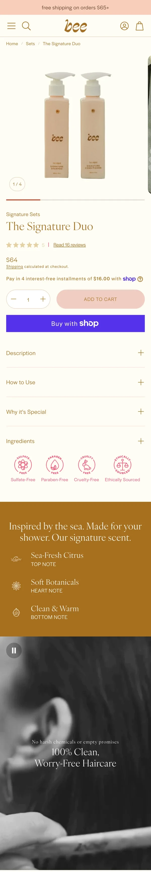 Bee Hair Signature Duo product page on a phone: the shampoo and conditioner set, reviews, how to use, ingredients and its scent notes