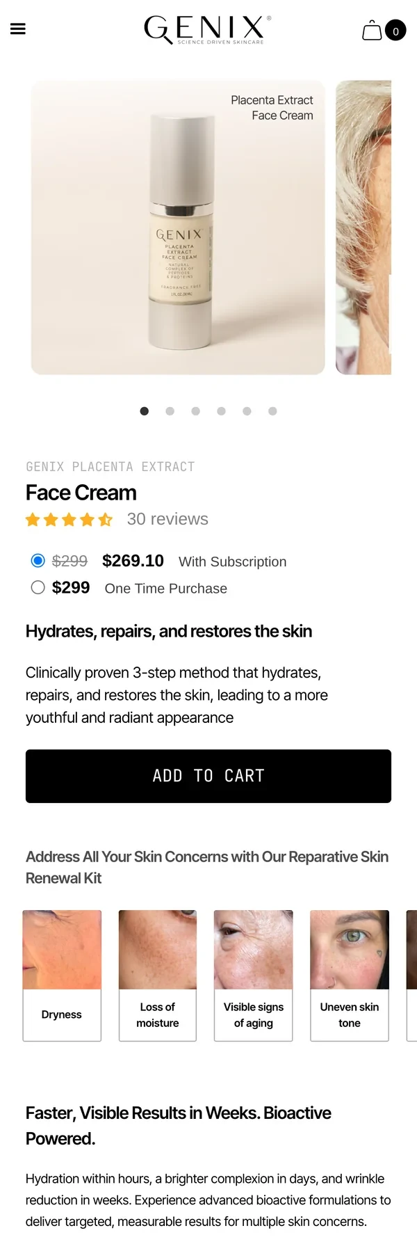 GENIX Face Cream product page on a phone: what it does, the price and Add to cart