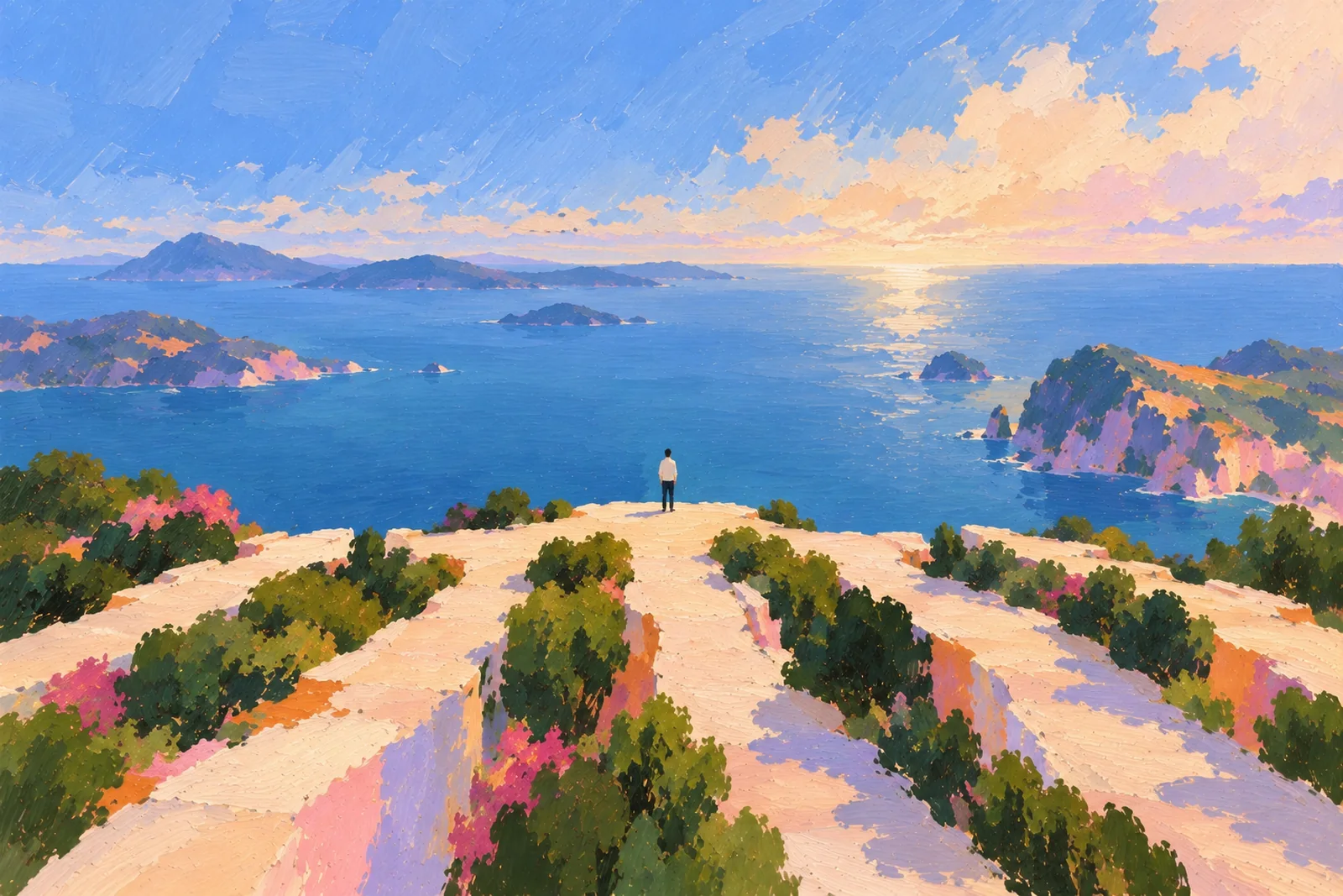A painted view from a headland: one figure looking out over a bay, islands and open sea beyond