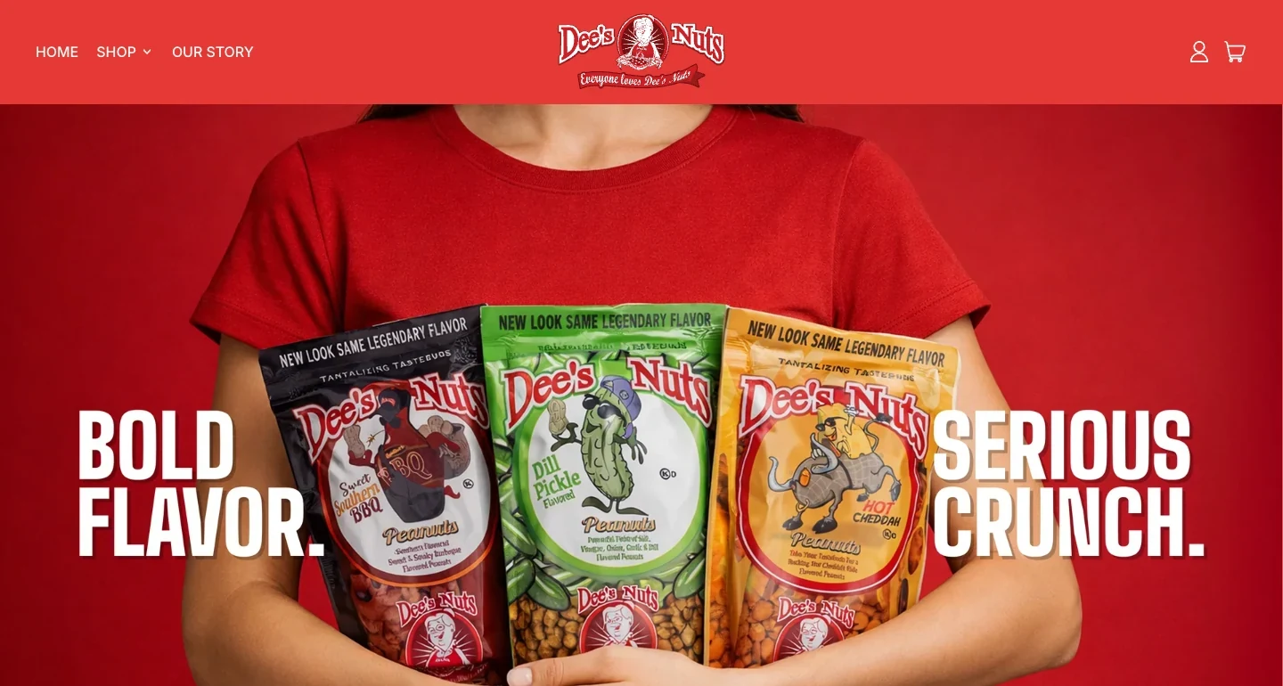 Dee’s Nuts homepage: Bold flavor. Serious crunch.